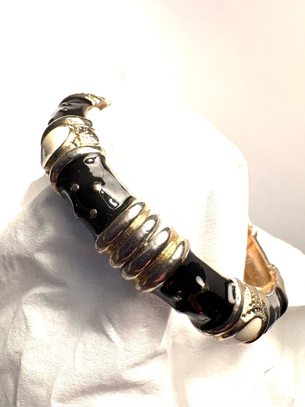 FASHION JEWELRY Black Enamel, Gold and Silver Metal Hinge Bangle Bracelets